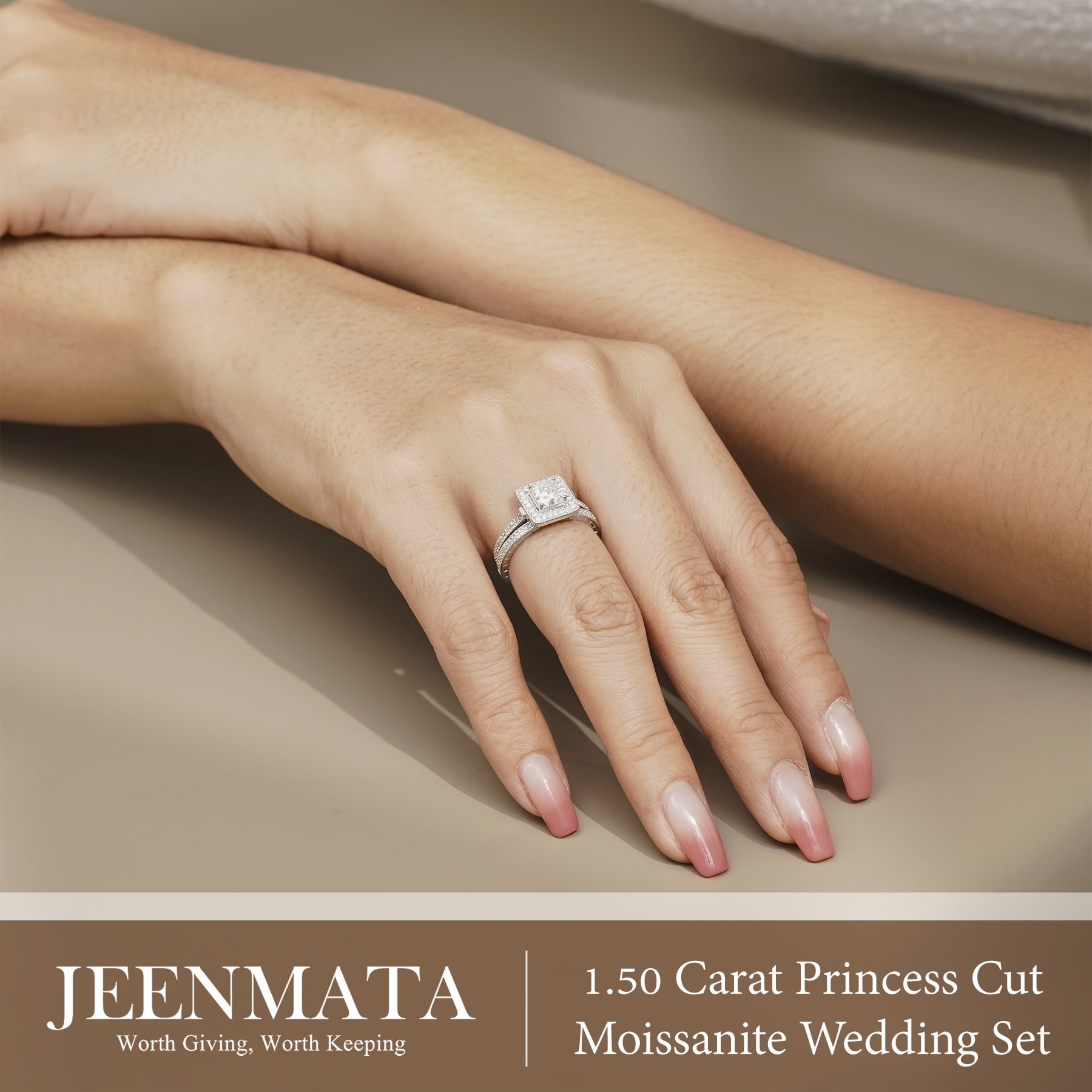 JeenMata 1.5 Carat Princess Cut Moissanite Wedding Set - Bridal Set - Milgrain Ring - Vintage Ring - Halo Ring - 18K White Gold Plating for Women