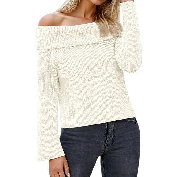 Women Off the Shoulder Sweater Long Sleeve Tops Fall Loose Knit Pullover Sweaters Winter Clothes White L