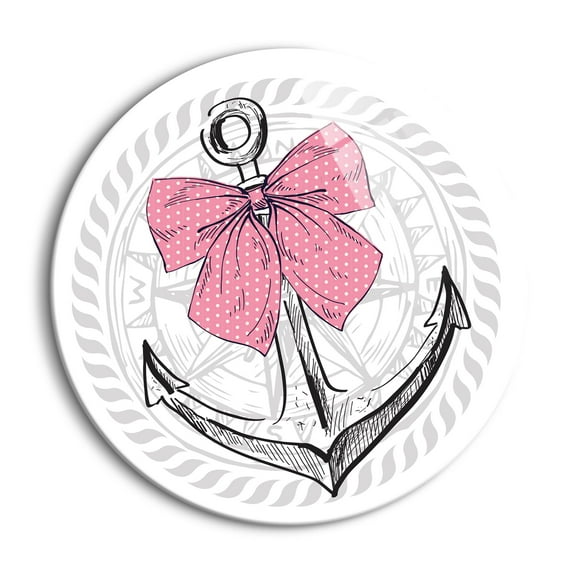 Anchor Compass Rose Nautical Pink Bow 24 inch Glass Round Wall Hanging Sign