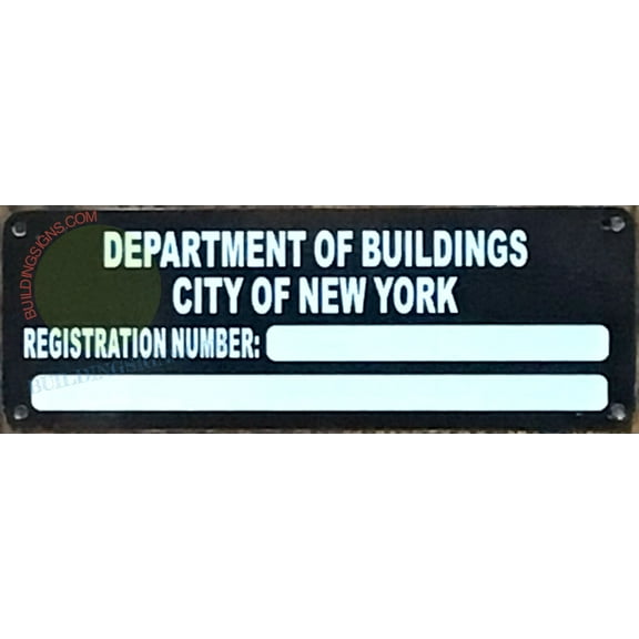 HPD DEPARTMENT OF BUILDINGS REGISTRATION # SIGN (8.5X3,BLACK BRUSH,ALUMINUM) -ref16822