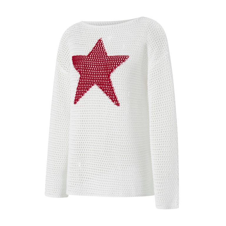 Women Fairy Grunge Long Sleeve Knit Shirt Star Print Hollow Out