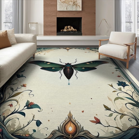 ODIKA 8'x10' Washable Area Rug Witchy Floral Gothic Moth Design With Botanical Vine Symmetry Accents for Dining Room, Large Office, Lounge, Non-Slip Chair-Friendly Mat