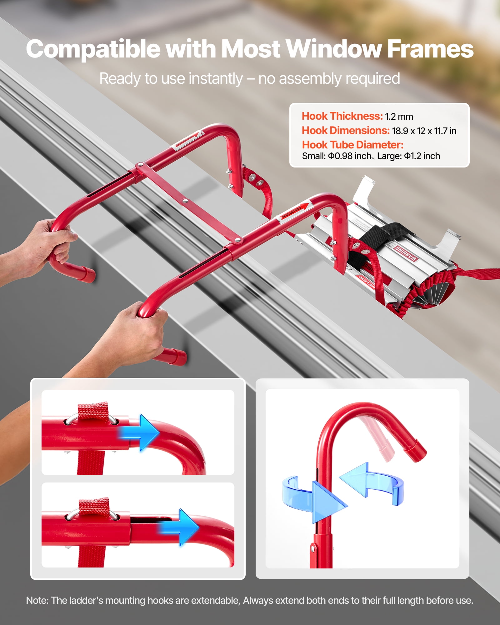 VEVOR Fire Escape Ladder, 3-Story 25FT Retractable Emergency Fire Ladder, Lightweight Aluminum Alloy Safety Escape Ladders with Sturdy Polyester Strap,Anti-Slip Rung & Wide Steps,1000LBS Max Loading