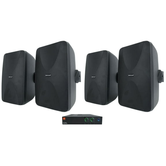 JBL CSA 280Z Commercial Amplifier (4) Indoor/Outdoor Black Swivel Wall Speakers