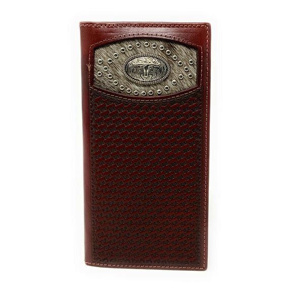Western Men's Basketweave Genuine Leather Longhorn Long Cowhide Stud Bifold Wallet in 3 Colors