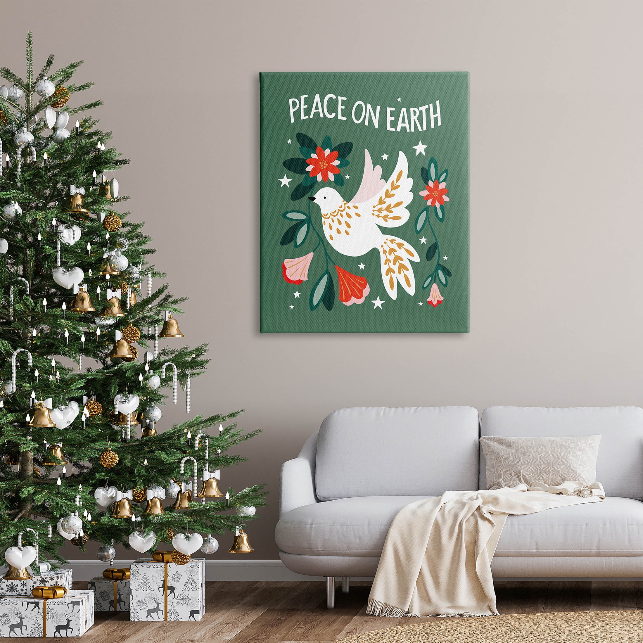 Peace On Earth Floral Dove Blossoms Holiday Graphic Art Gallery Wrapped Canvas Print Wall Art