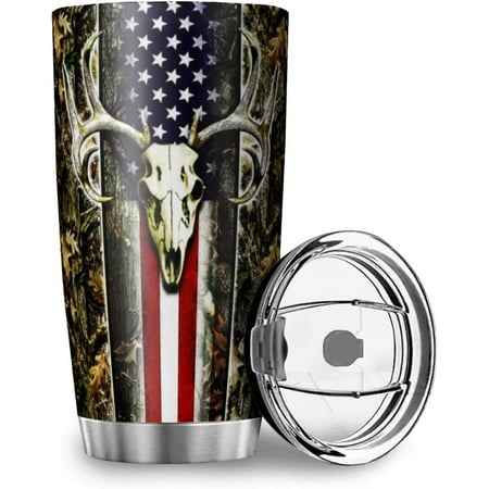 

American Flag Hunting Deer Dark Travel Mug Insulation Tumbler Stainless Steel Car Cup Gifts for Home Office with Push-Type Sliding Lid (20oz white13)