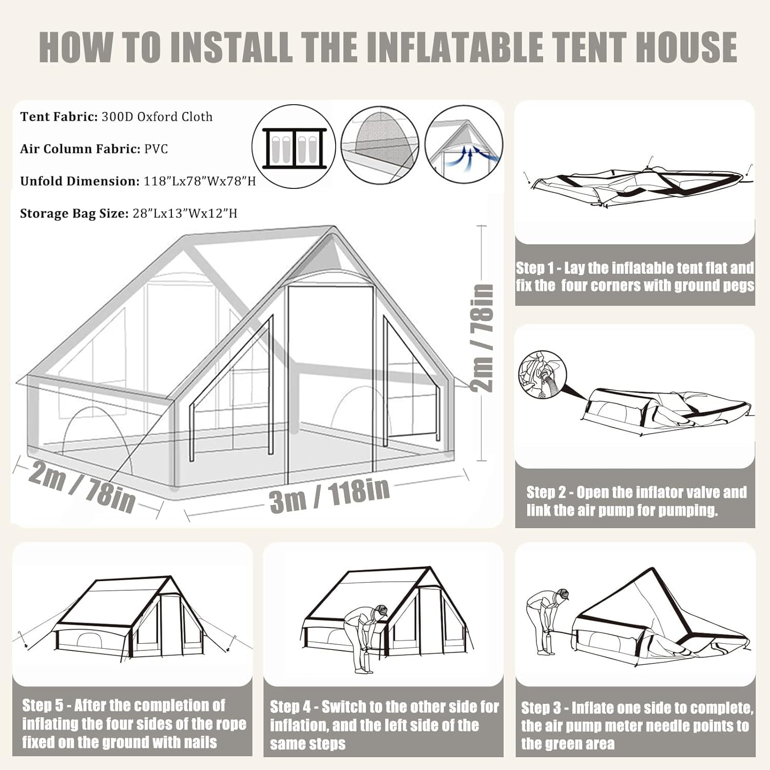 Inflatable Camping Tent, Inflatable Tent for Camping with Hand Pump, Easy Setup, 4 Season Waterproof Windproof Oxford Air Tent Cabin House for Outdoor Camping Adult, Fit for 4-6 Person