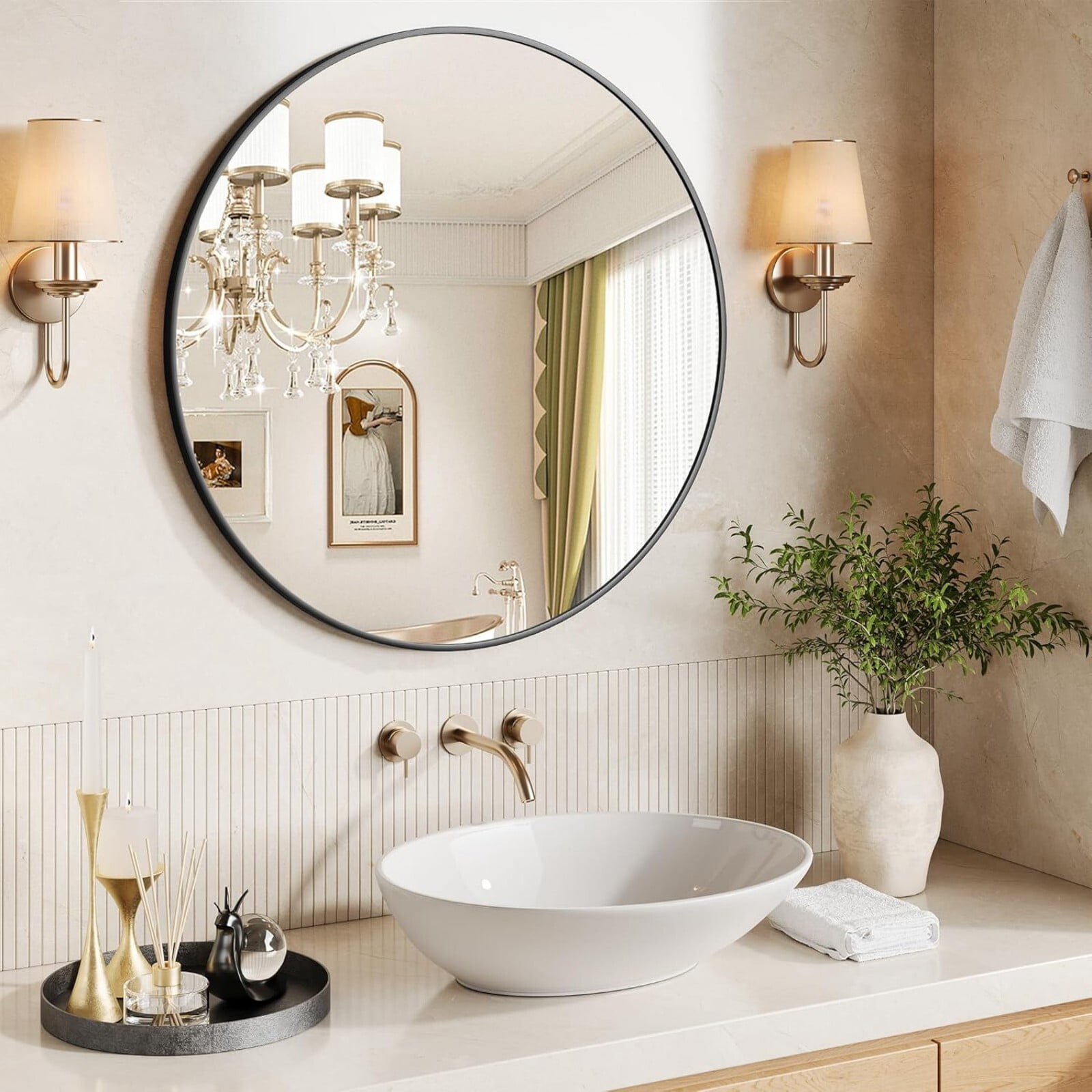 AUROMIR 30" Round Bathroom Mirror Wall Mounted Modern Vanity Mirror, Black