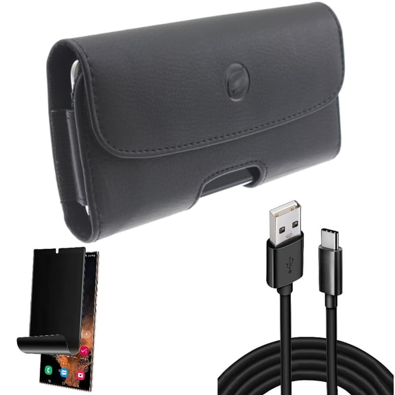 10ft USB Cable & Case Belt Clip & Privacy Screen Protector for Samsung Galaxy S22 Ultra (6.8") - Combo Type-C Charger Cord Power & Leather Holster Cover & TPU Film (Fingerprint) Anti-Peep