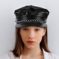 thumbnail image 4 of Sombrero de capitán de yate para mujer, gorro de marinero de PU, vendedor de periódicos, taxista, Baker Boy, boina con visera y cadena, gorras militares de cadete, gorra plana para hombres y mujeres, 4 of 8