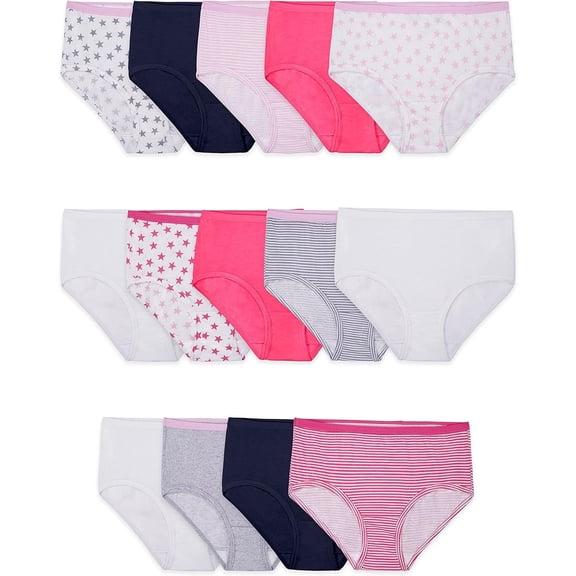 Fruit of the Loom Girls' Big Tag Free Cotton Brief Underwear Multipacks, Brief-14 Pack-Pink/Stars/Stripes, 12