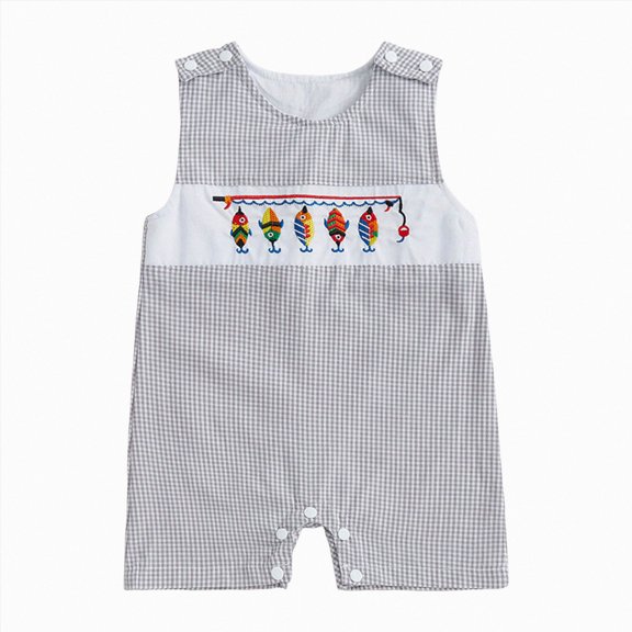 zaveiop Newborn Baby Boy Outfit Embroidery Sleeveless Smocked Bubble Romper Plaid Overalls Bodysuit Summer Clothes (Grey, 6-12 Months)