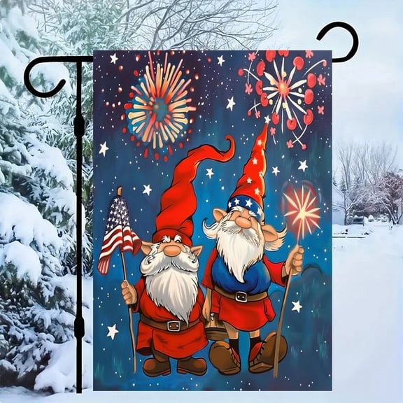 RKSupls Patriotic Linen Double Sided Garden Flag, Independence Day Themed Yard Decor, Gnomes Waving Flag Fireworks Outdoor Banner for Holiday Lawn