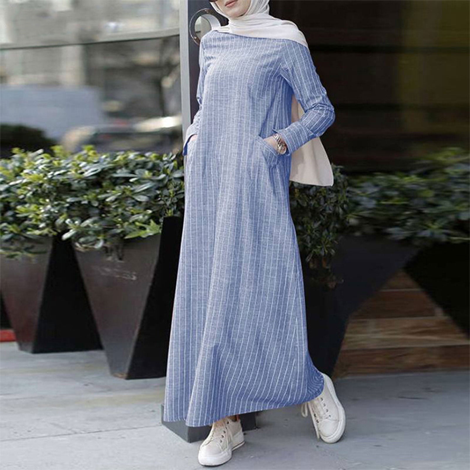 muslim cotton dress Women Muslim Cotton Linen A-Line Maxi Dress Long Sleeve Striped Print  Vintage Abaya Turkey Hijab Robe Islamic Kaftan Gown with Pockets