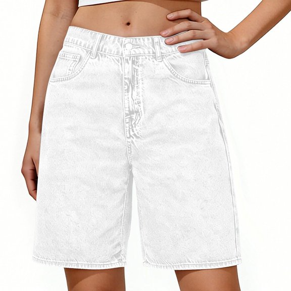 Clossjun Long Knee Length High Waisted Stretchy Cotton Jorts Bermuda Jean Shorts for Women with Pockets Denim Summer Clean Fit