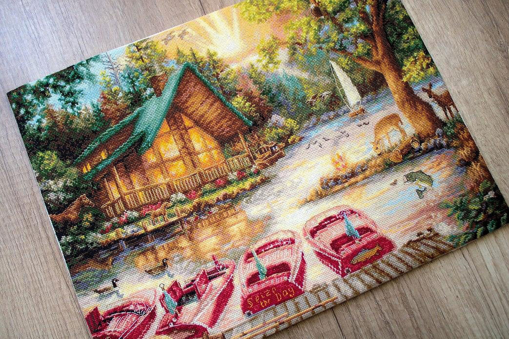 Counted Cross-Stitch Kit By Letistitch Seize the Day Canvas Cotton Needlework Brown Red Water Tree