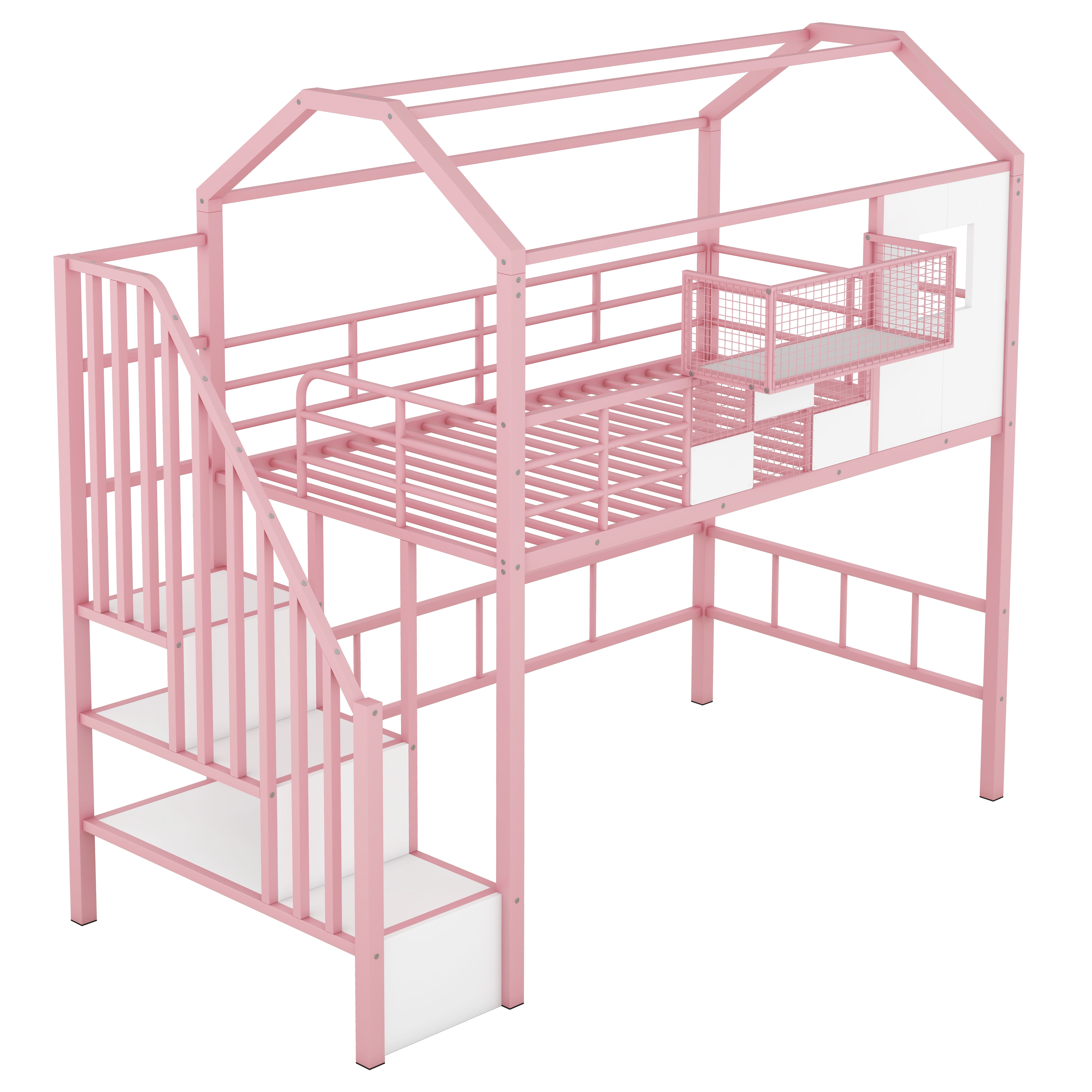 Mintazer House Loft Bed with Roof & Storage Compartment, Metal Loft Bed with Staircase & Guardrails, Pink