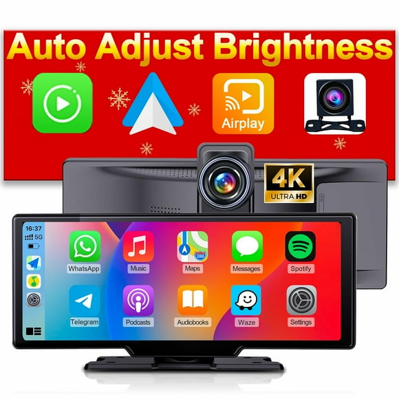 Luzeterna Portable 9.3-inch Wireless Apple CarPlay Screen for Car with Auto Brightness, 4K Dash Cam & Backup Camera, Bluetooth Car Stereo with Android Auto, Touchscreen