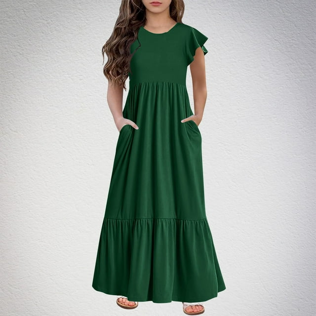 VKOYWKM Robe Décontractée pour Filles Été à Volants Manches Courtes Robes à Étages Décontractées Col Ras du Cou Ample Évasée Robe Maxi avec Poches pour 6-12 Ans