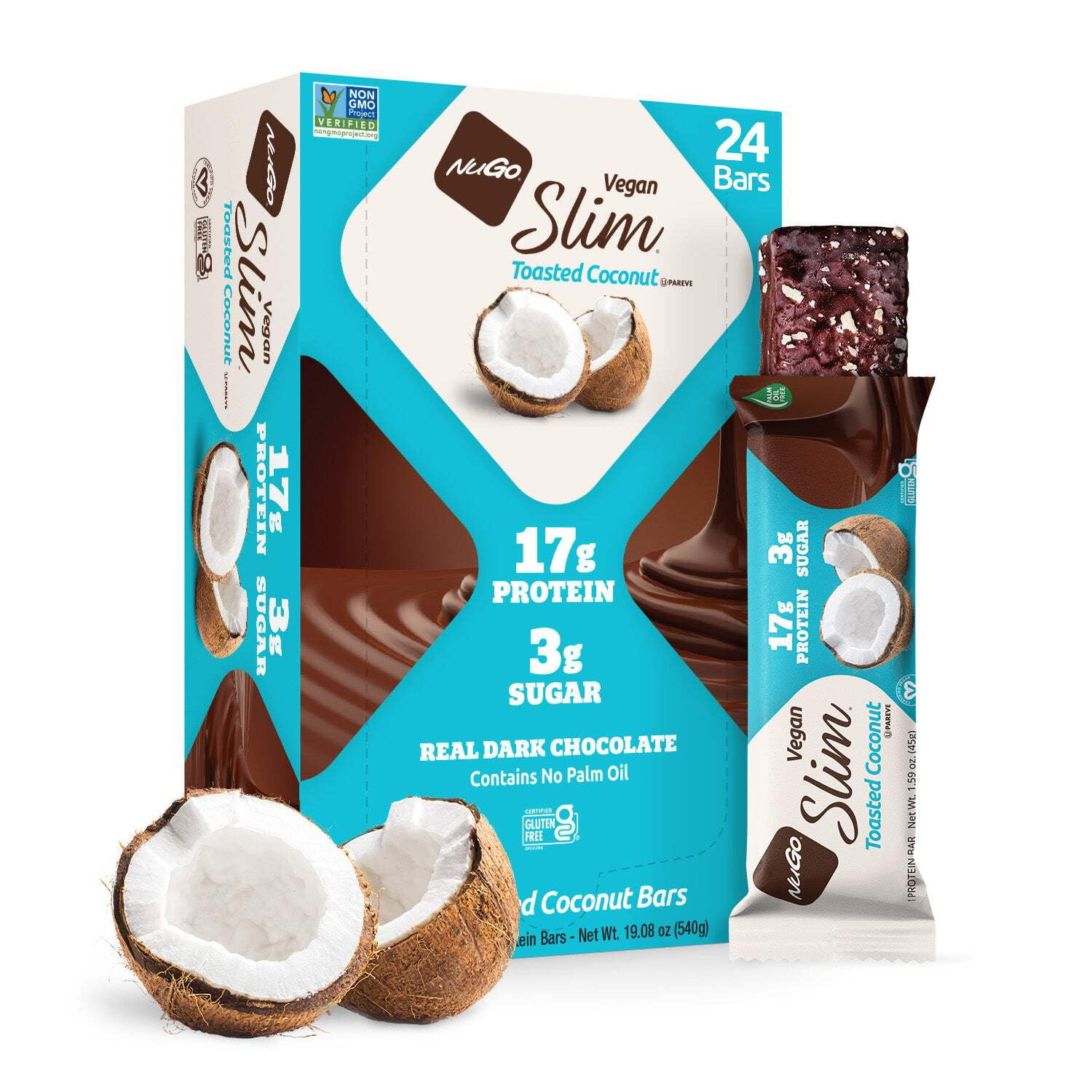 Nugo Slim Dark Chocolate Toasted Coconut, 16g Vegan Protein, 3g Sugar, 7g Fiber, 190 Calorie, Low Net Carbs, Gluten Free, 24 Count