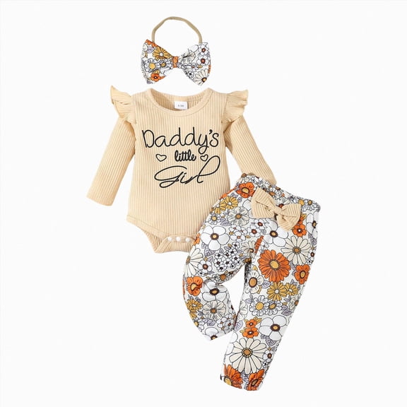 TOWED22 Infant Baby Girl Fall Winter Clothes 3 Pieces Outfits Long Sleeve Crew Neck Cute Print Romper Jumpsuit Ribbed Flare Pants Headband Set(Khaki,12-18 M)