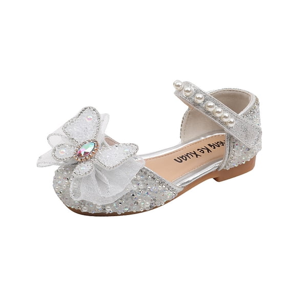 NOKIO Girls Sandals Little Kids Glitter Bow Dress Shoes Crystal Low Heel Sequins Princess Sandals Toddler Flower Wedding Party Shoes Thick Sole Round Toe Buckle Dress Shoes