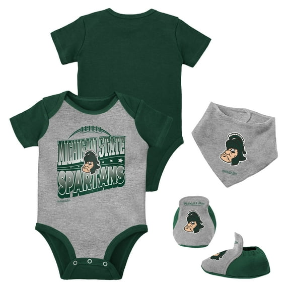 Infant Mitchell & Ness Green/Heather Gray Michigan State Spartans 3-Pack Bodysuit, Bib and Bootie Set