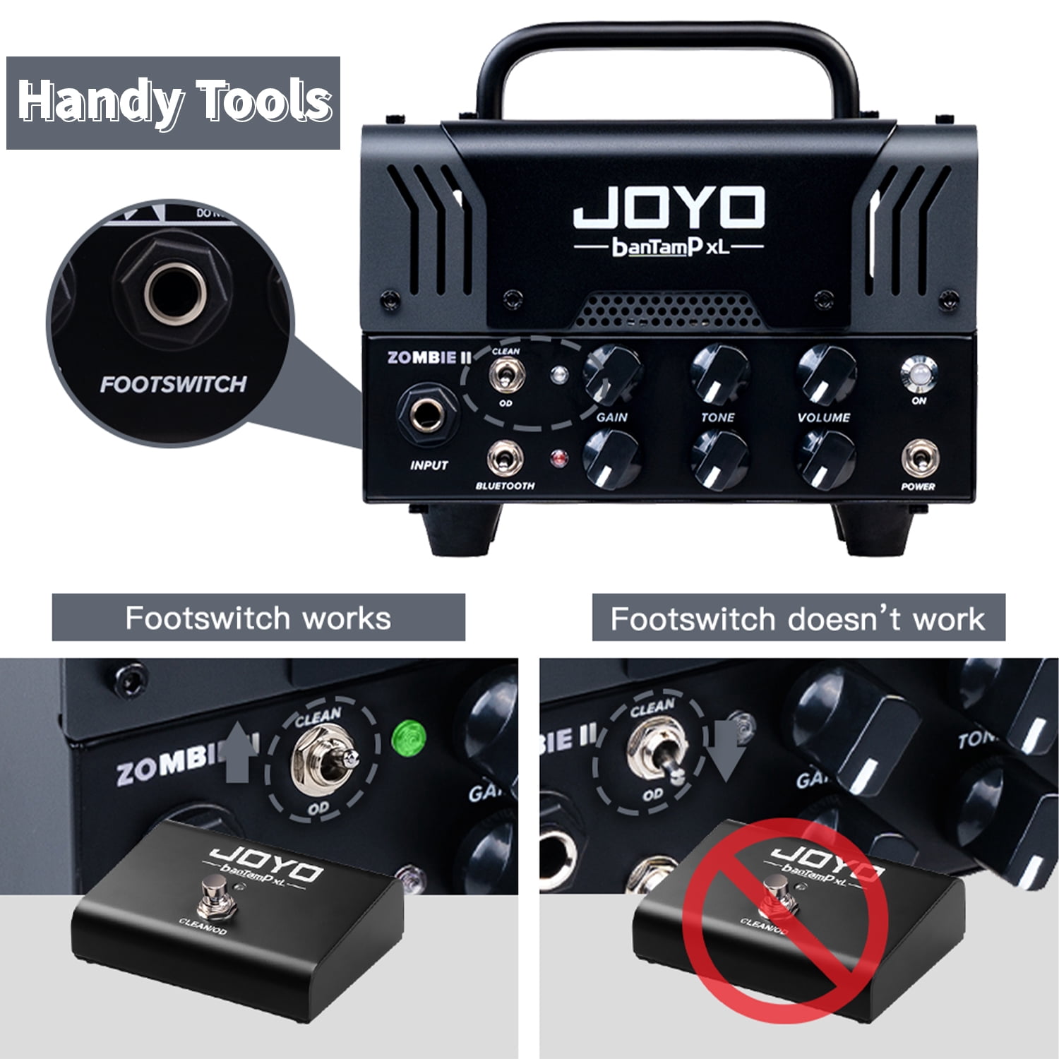 JOYO ZOMBIE II Rugged Metal 20W Hybrid Tube Electric Guitar Mini Amp Head, 2-Channel Clean/OD with Bluetooth, FX Loop & Cab Emulated Headphone Out, Requires External Speaker