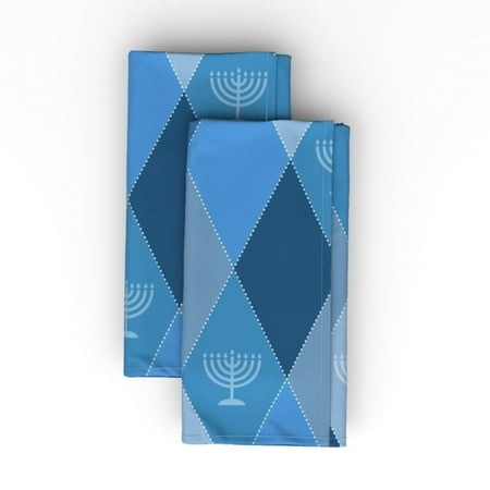 

Linen Cotton Canvas Dinner Napkins (Set of 2) - Hanukkah Menorah Argyle Blues Dots Happy Holidays Chanukah Print Cloth Dinner Napkins by Spoonflower