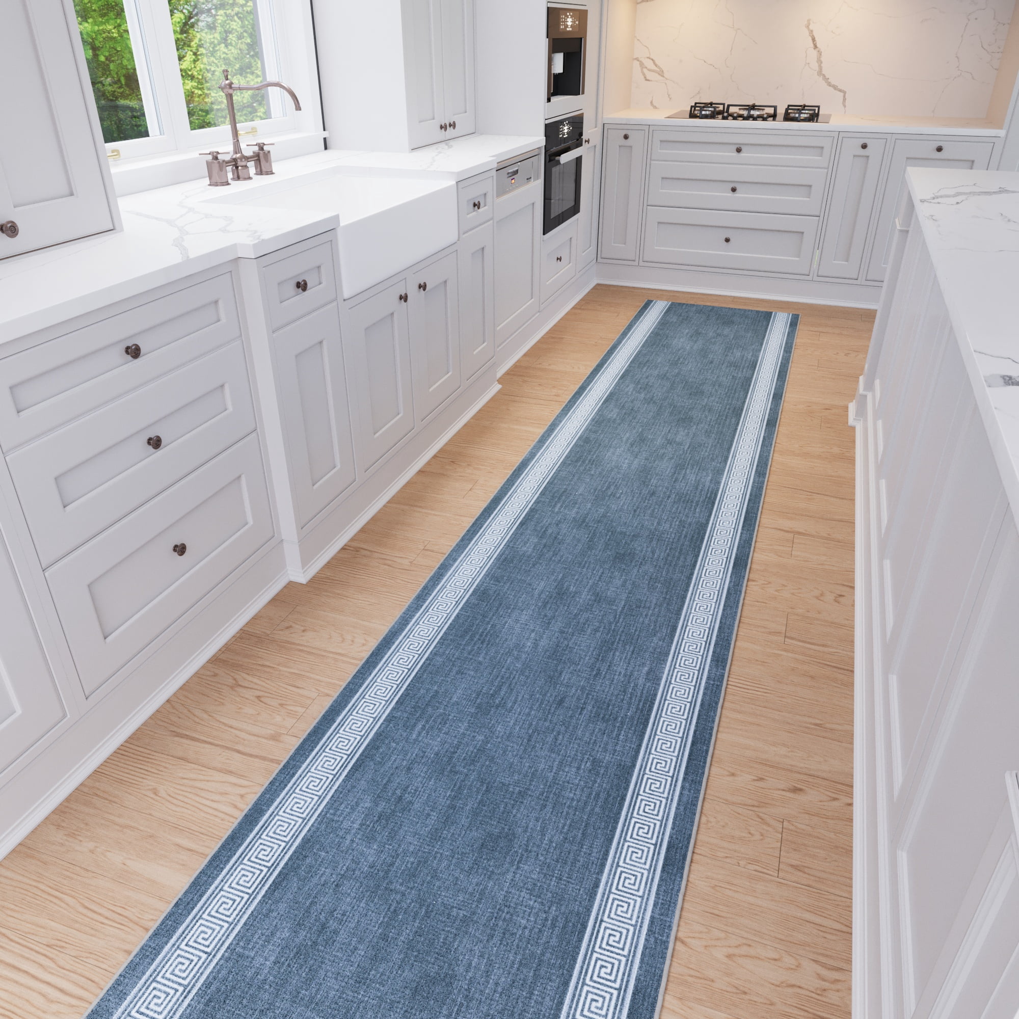 Ottomanson Kitchen Rug Set 2-Piece, Washable Non-Slip Mats for Kitchen, 22.5" x 72" + 31" x 60", Greek Border Greyish Blue