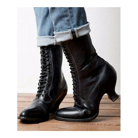 Women Victorian Style Boots Lace-Up Thick Heel Boots