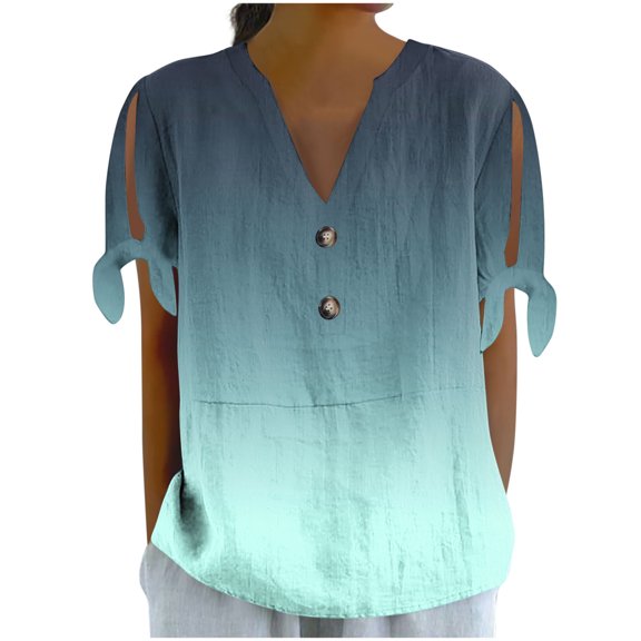 Women's Ombre Short Sleeve T-Shirt V-Neck Button Front Tie Detail Top in Soft Linen-Cotton Blend, Loose Fit Casual Blouse
