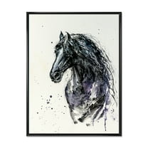 Designart 'Close Up of Friesian Horse With Long Manes' Farmhouse Framed Canvas Wall Art Print
