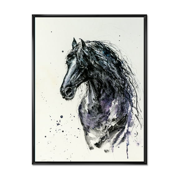 Designart 'Close Up of Friesian Horse With Long Manes' Farmhouse Framed Canvas Wall Art Print