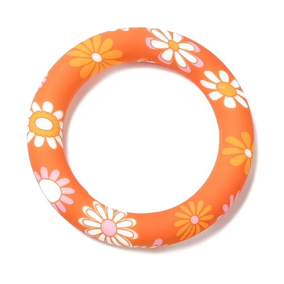 10pcs Grade Silicone Pendants Ring with Flower Pattern Dark Orange 65x10mm Hole: 4mm