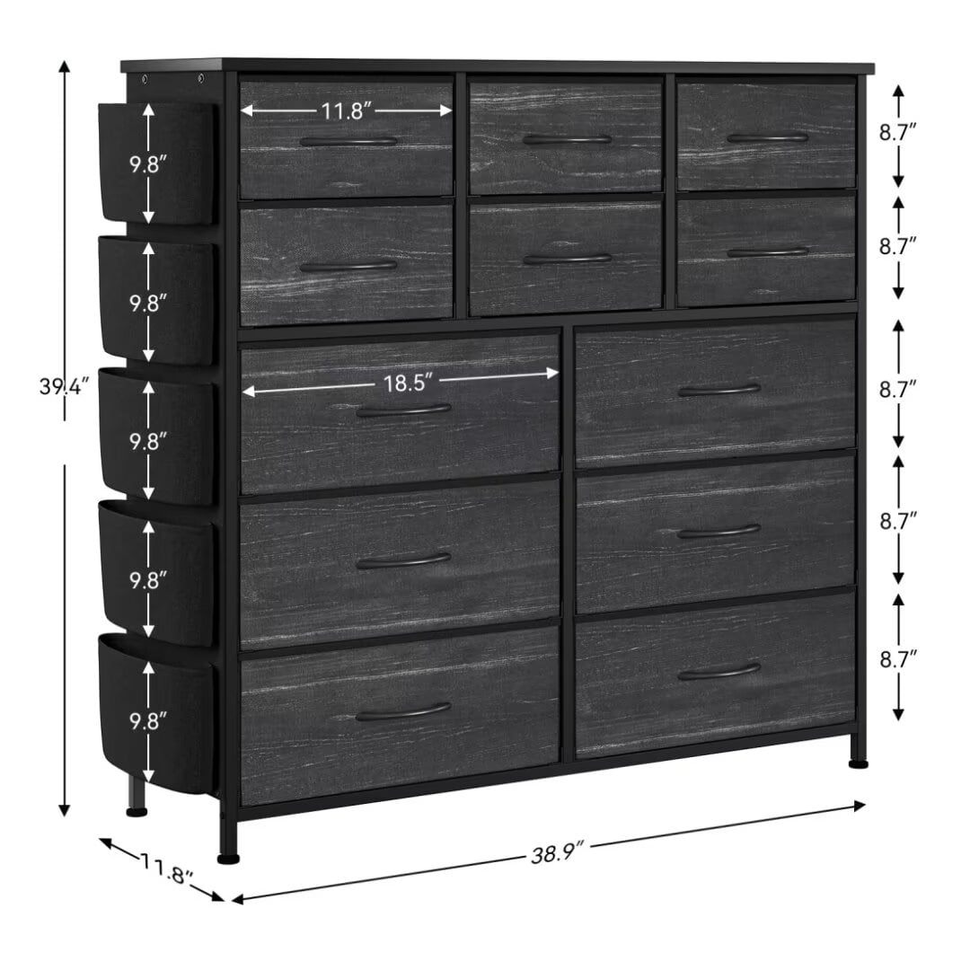 Dresser for Bedroom with 12 Drawers, Wide Fabric Dressers of Drawers with Side Pockets, Chest of Drawers for Living Room, Closet, Hallway, Black