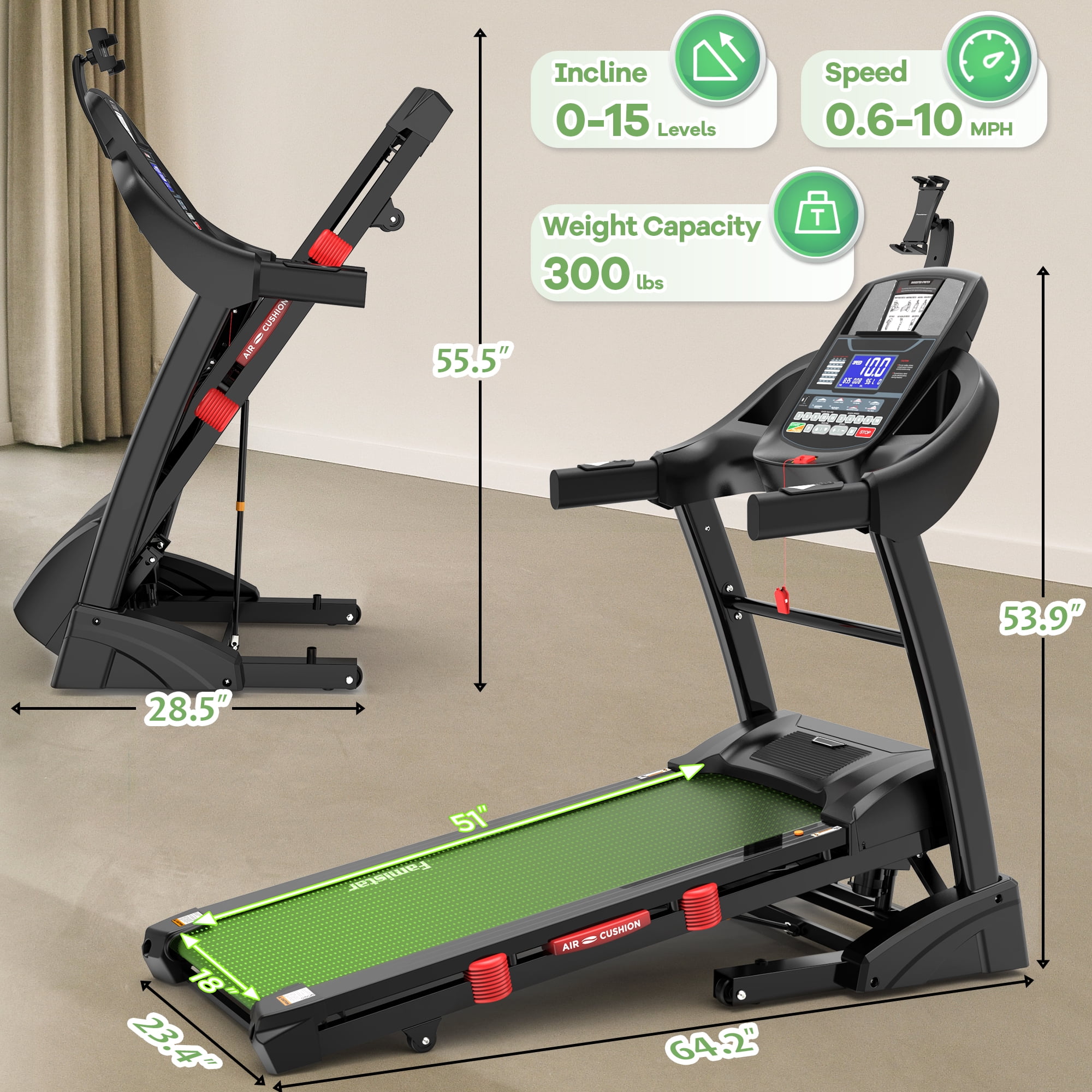 Portable Treadmill with 300 lb for Home/Office, 10 MPH Walking Machine Treadmill with Incline up to 15%, Foldable Treadmill with Handles, Low Noise Walking, Exercise Equipment w/71 ProgramsHP