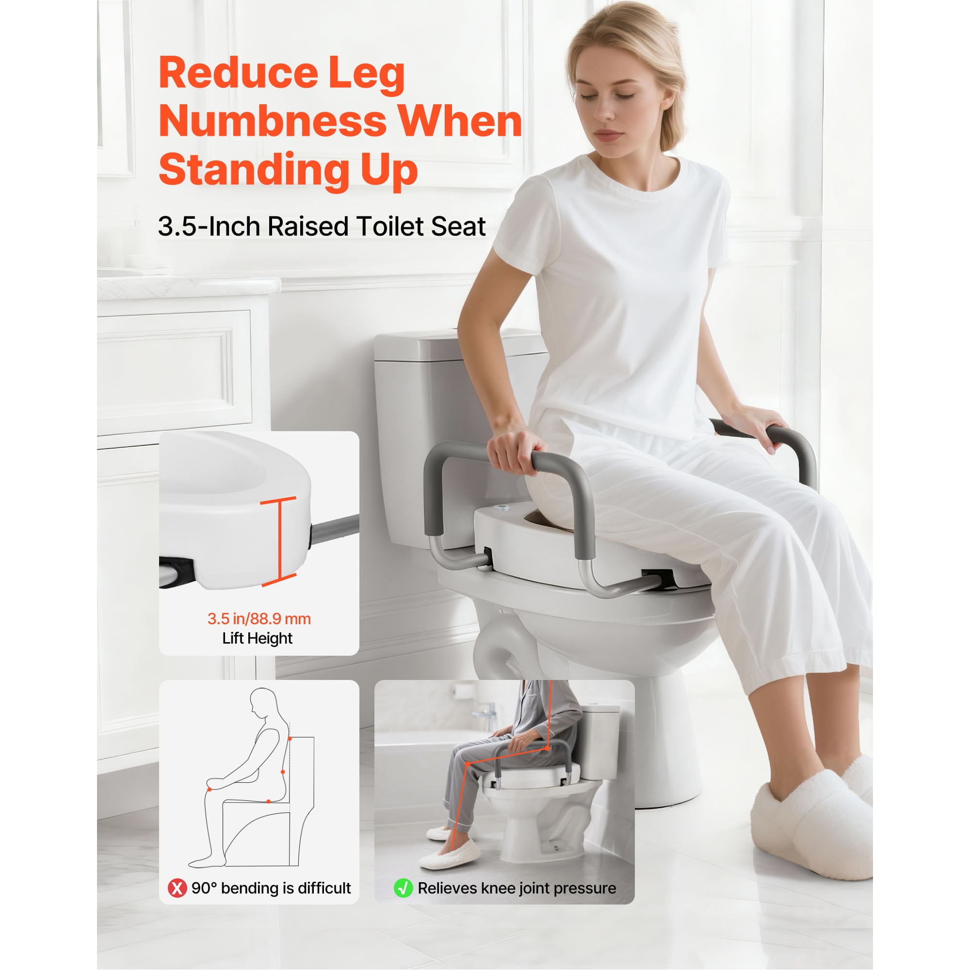 KFFKFF Raised Toilet Seat with Arms, 300 lbs Weight Capacity, 3.5-Inch Height Increase, Wide Elevated Commode Seat with Cushioned Handles for Seniors, Adults, and Individuals with Disabilities