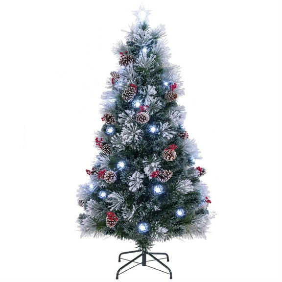 Demi Bonn 6FT Flocked Christmas Tree, Pre-lit with 8 Lighting Modes, Red Berries and Pine Cones, Green & White