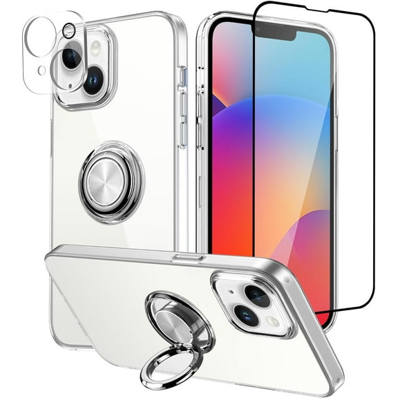 Case for iPhone 15 Plus Case with Ring Kickstand Holder [Built-in Camera Lens & Screen Protector] [Support Car Mount] Clear Soft TPU Shockproof Protective Phone Cover