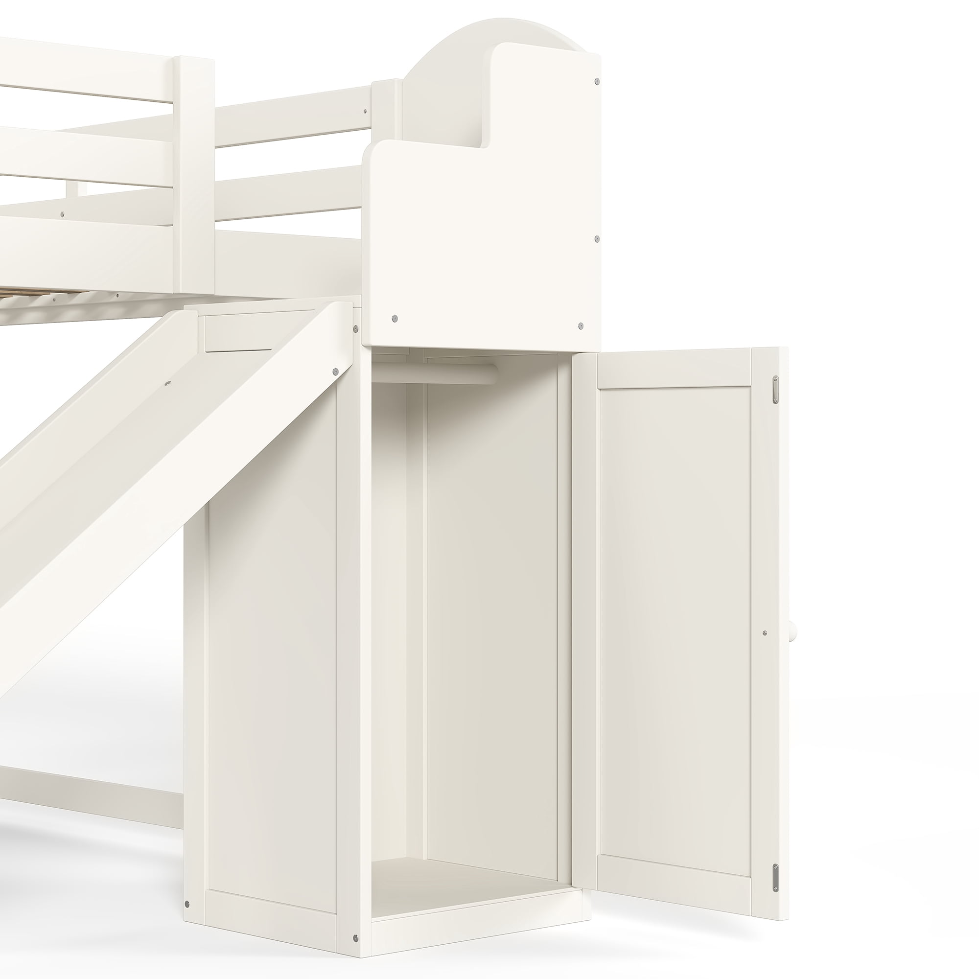 Leumius Twin Size Loft Bed with Storage Stairs, Slide & Built-in Wardrobe,Soild Wood Loft Bed Frame with High Guardrail,Beige