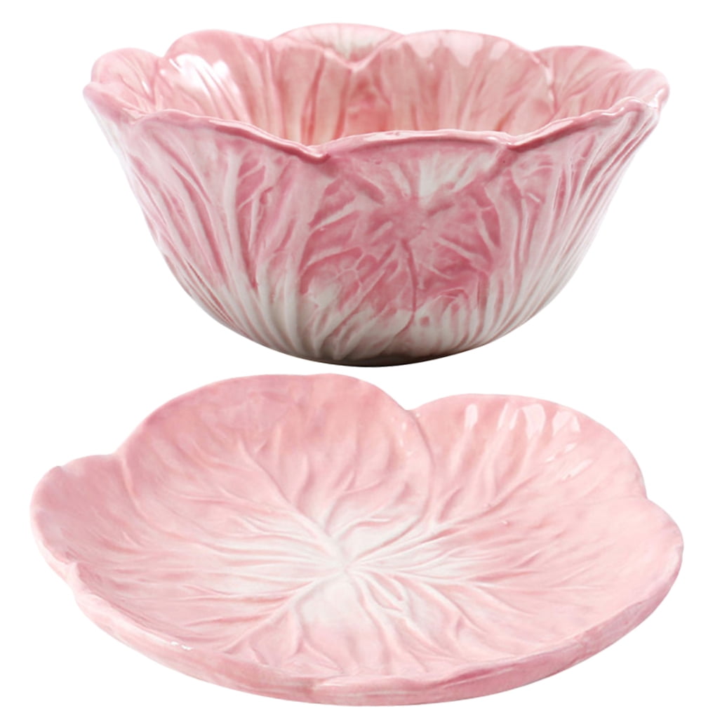 UNOMOR Pink Ceramic Cabbage Bowl for Storage Using Material for Microwave Oven Dishwasher 1 Set