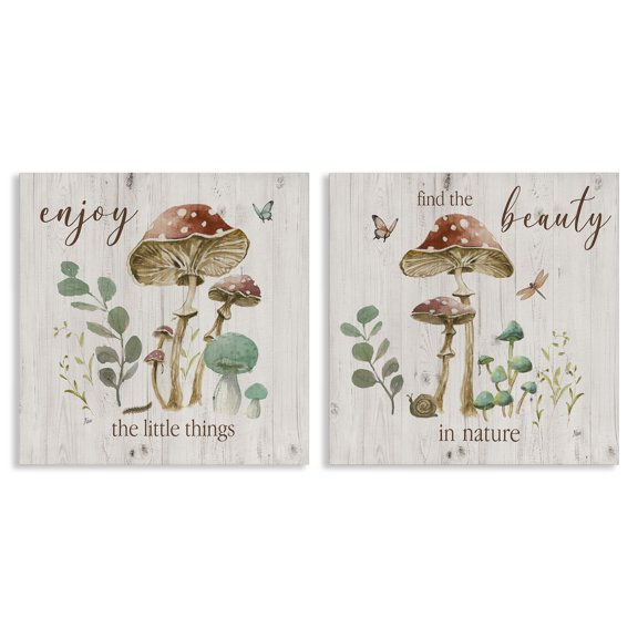 Stupell Industries Enjoy Beauty Mushroom Plants & Flowers Painting Wrapped Canvas Art Print Wall Art, 17 x 17, Set of 2