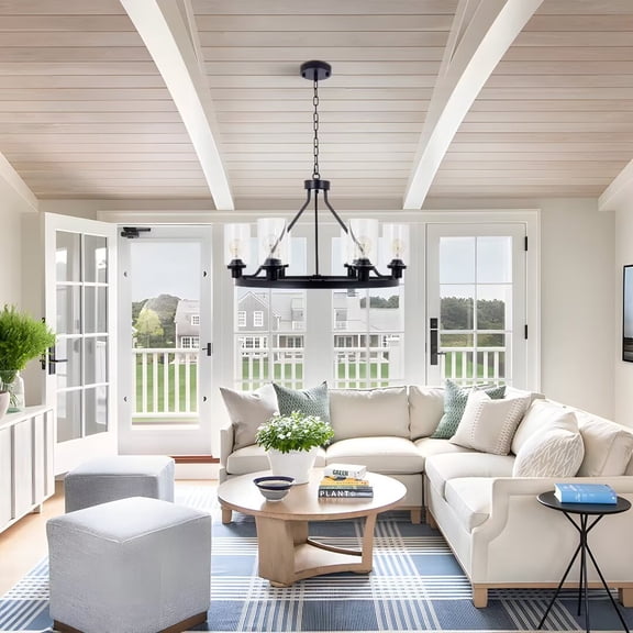 KPIBEST 6 Black Living Room Chandeliers, 24 Inch High Ceiling Vintage Glass Chandelier