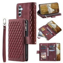 Dteck for Samsung S24 Wallet for Women Men Case, Wallet with Card Holder Zipper Pocket PU Leather Kickstand Wrist Strap Magnetic Flip Leather Shockpoof Silicone Full Cover Case,Winered