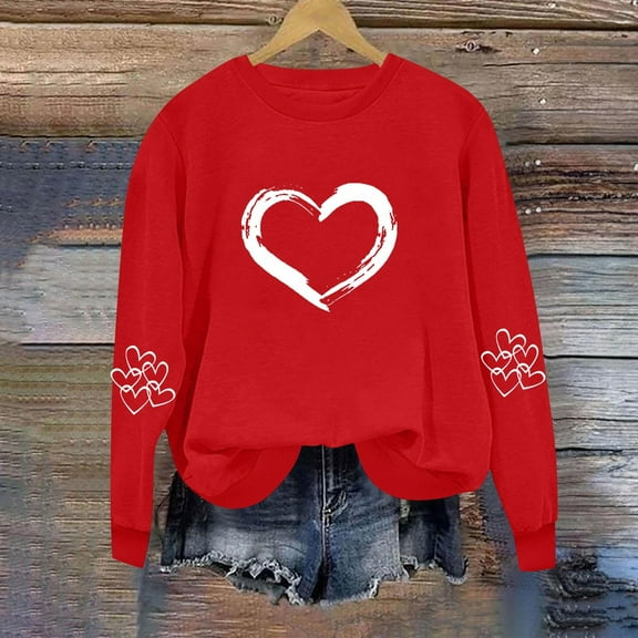 Itsame Long Sleeve Heart T-Shirts Women's Valentine's Sweatshirt Loose Crew Neck Tops Red Size 2XL