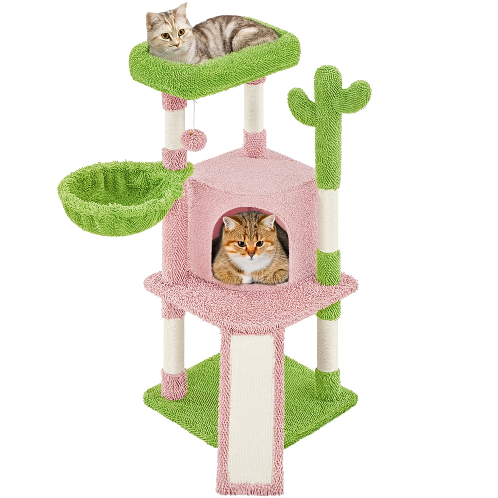 Yaheetech 42" Height Cactus Cat Tree with Scratching Posts, Basket & Ladder, Pink/Green