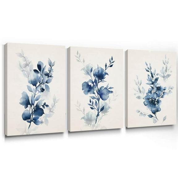 Flower Wall Art Prints Modern Blue Floral Painting Watercolor Picture Framed Home Decor Botanical Artwork Ready to Hang for Bedroom Bathroom Living Room 1216 Inch, Set of 3