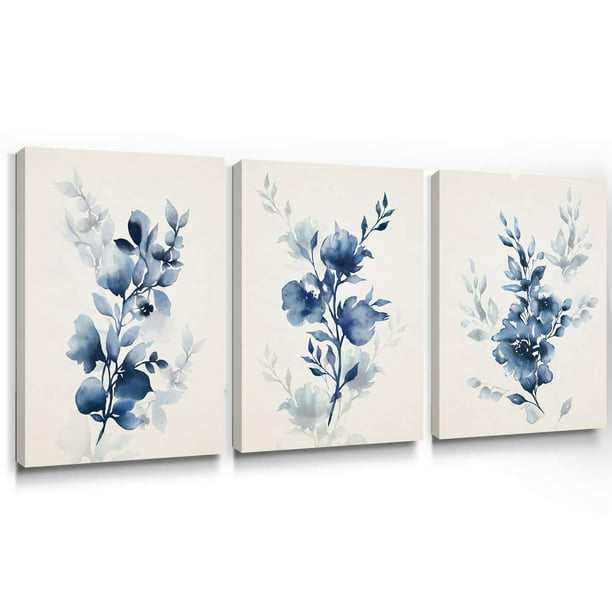 Afuly Canvas Wall Art Modern Blue Floral Framed for House Decor, 12x16 ...